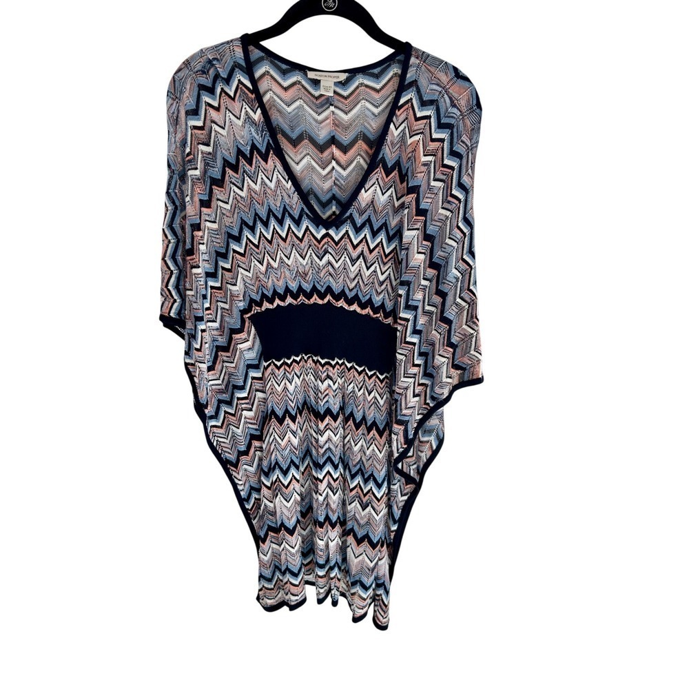 Boston Proper Chevron Knit Kaftan Top V-Neck Zig Zag Poncho Blue Peach XS